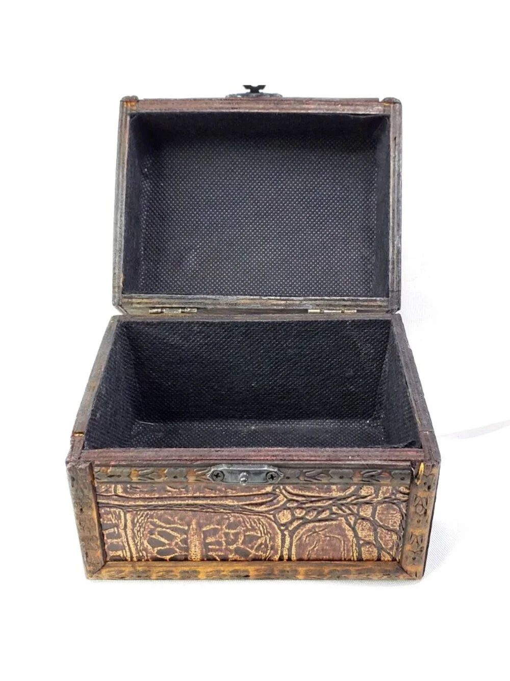 Vintage Wood & Faux Leather Carved Jewelry Treasure Chest Box With Metal Accents